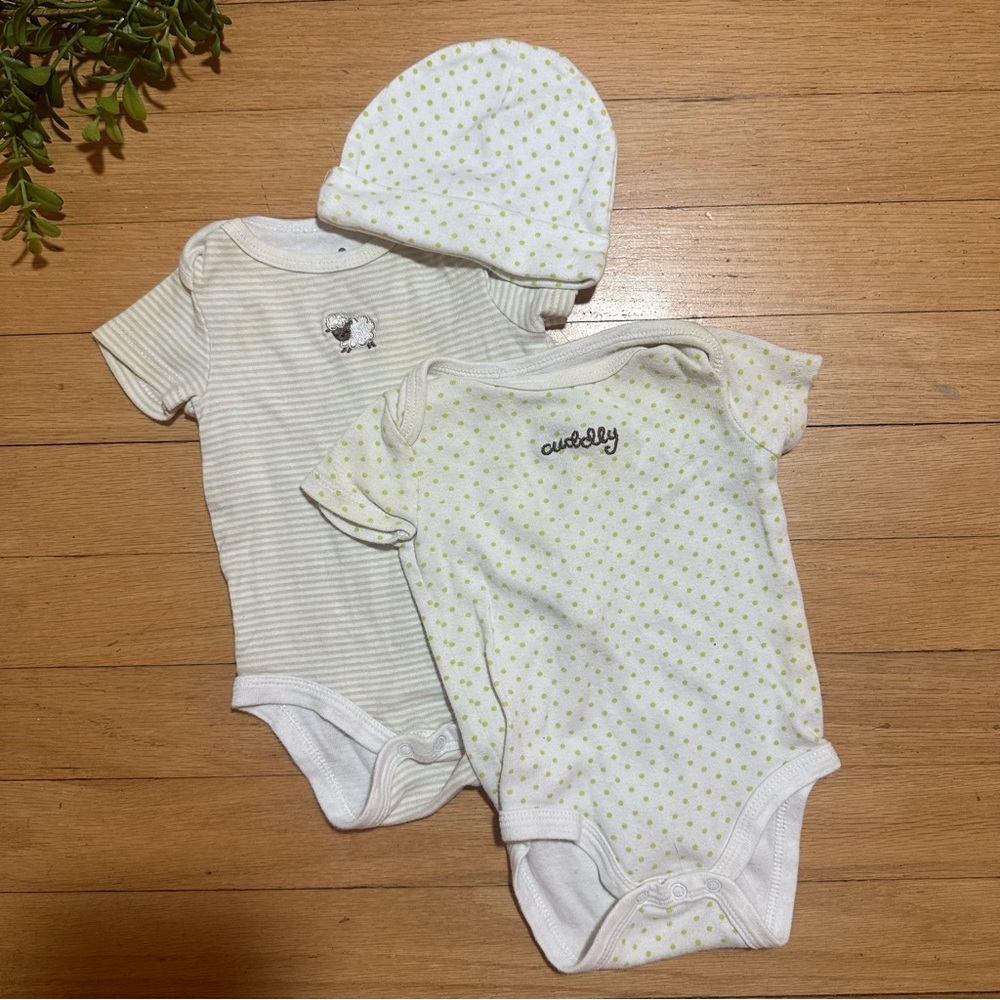 2/$10 Sale! Circo Sheep w/Stripes Polka Dot Onesies and Hat Size 0-3 Months